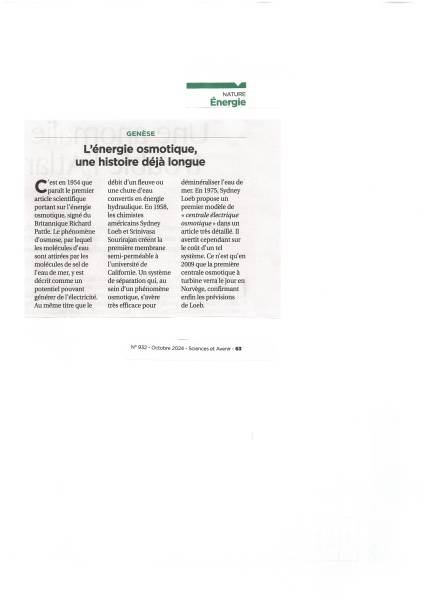 L'énergie osmotique, article issu de sciences et avenir octobre 2024